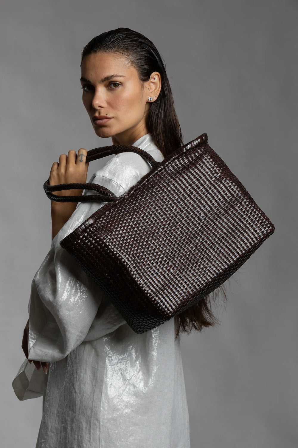 Dragon Diffusion - B Weave Big Dark Brown - Woven Leather Bag Handmade