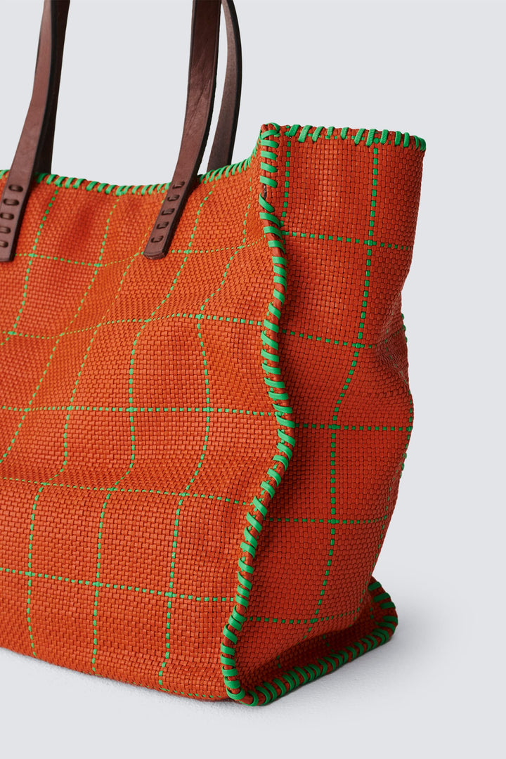 Dragon Diffusion woven leather bag handmade - Check Tote Orange/Kelly Green 