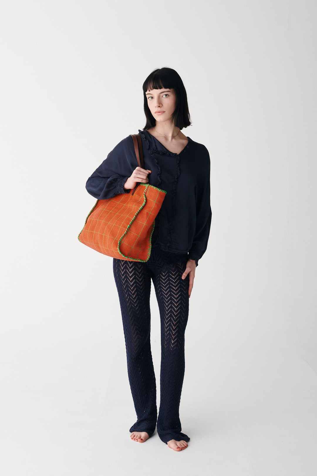 Dragon Diffusion woven leather bag handmade - Check Tote Orange/Kelly Green 