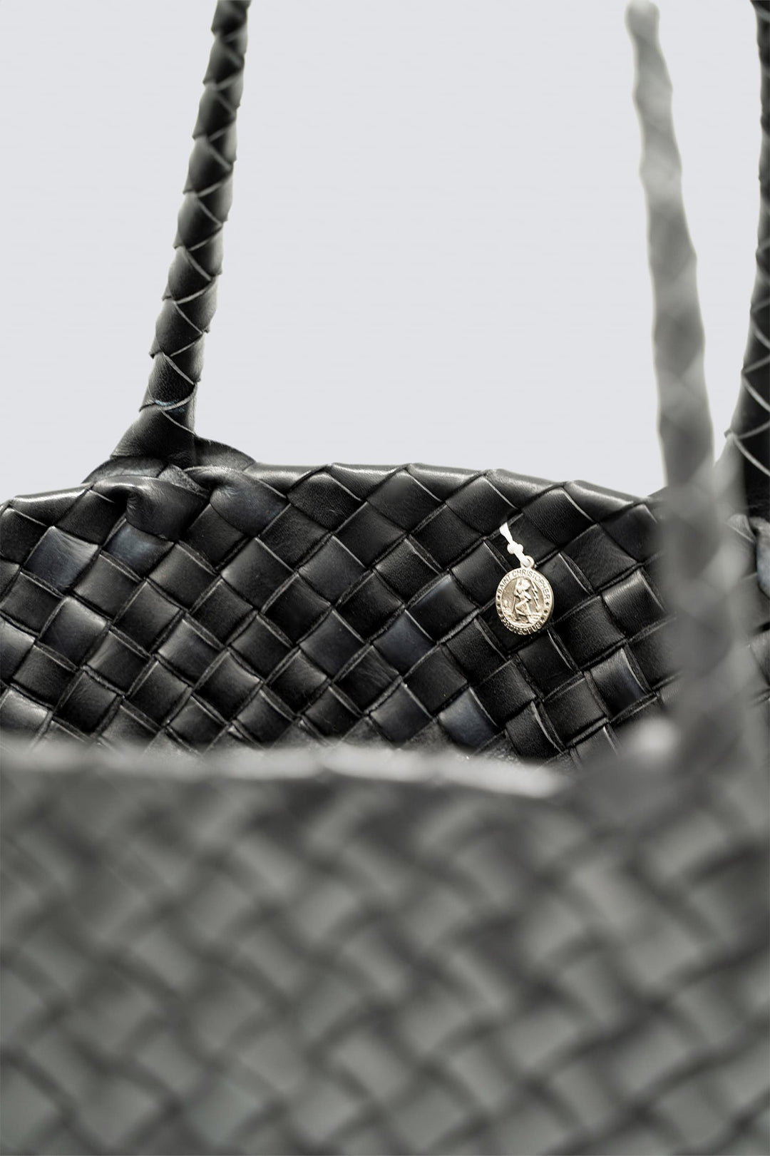 Handmade women's handbag in gray white woven leather